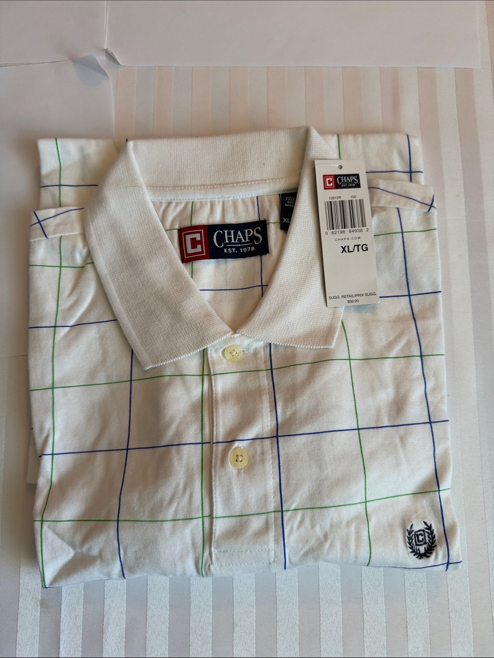 Chaps White Polo with Blue & Green Windowpane, SIZE XL